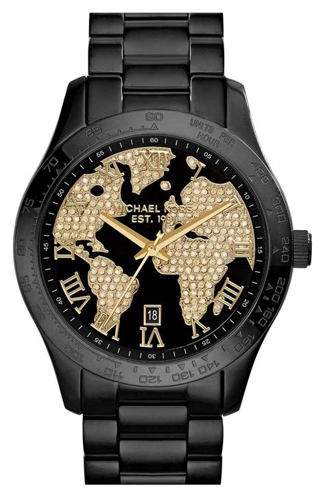 michael kors layton world atlas pave dial black pvd gold|Michael Kors Layton Wristwatches for sale .